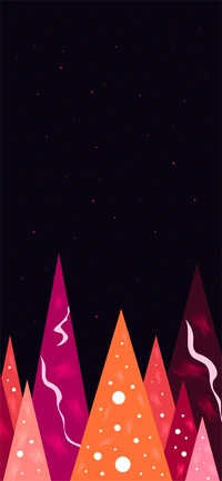 Colorful geometric Christmas trees against a starry night sky, evoking a festive atmosphere for the New Year.