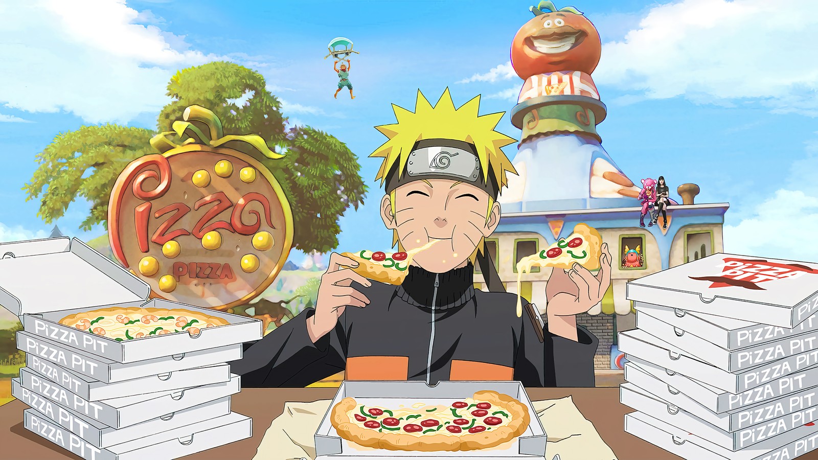 Personaje anime comiendo pizza con muchas cajas de pizza (naruto uzumaki, comiendo, pizza, fortnite, battle royale)