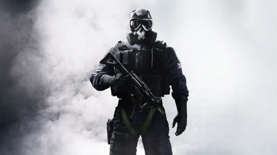 Elite SWAT Soldier in Tactical Gear with Firearm and Gas Mask