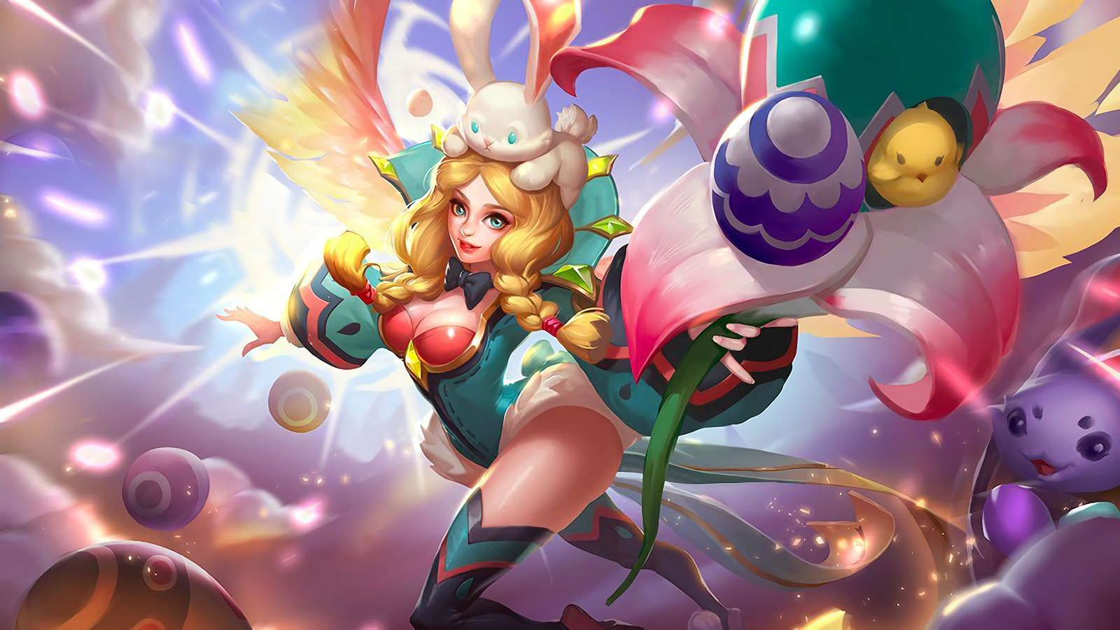 Une femme en costume avec un grand ballon et plein d'autres objets (rafaela, mobile legends, jeu vidéo)