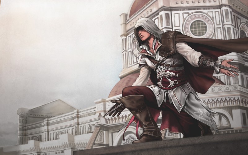 Картина человека, одетого в белую и коричневую одежду с мечом (assassins creed ii, эцио аудитор, искусство, изобразительное искусство, видео)