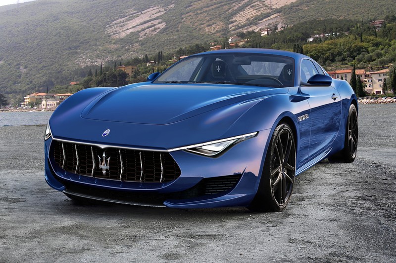 Синий maserati припаркован на пляже рядом с горой (масерати альфьери, maserati alfieri, maserati, машина, спортивный автомобиль)