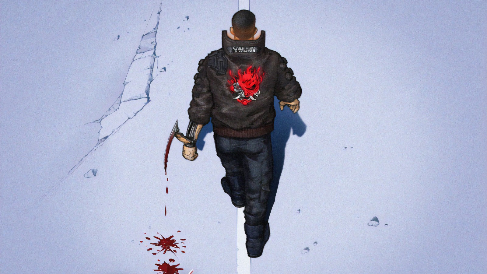 Una imagen borrosa de un hombre caminando sobre un poste con un cuchillo y sangre (cyberpunk 2077, videojuego, v, samurái)