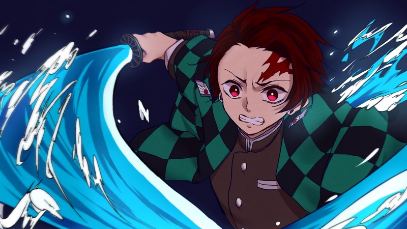 Крупный план человека на серфинговой доске в воде (tanjirou kamado, kimetsu no yaiba, убийца демонов кимэцу но яиба, demon slayer kimetsu no yaiba, аниме)