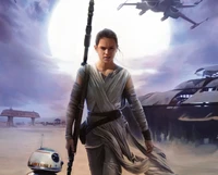 Rey, the determined woman warrior from "Star Wars: The Force Awakens," strides confidently across a desert landscape, with R2-D2 by her side and a distant spaceship overhead.