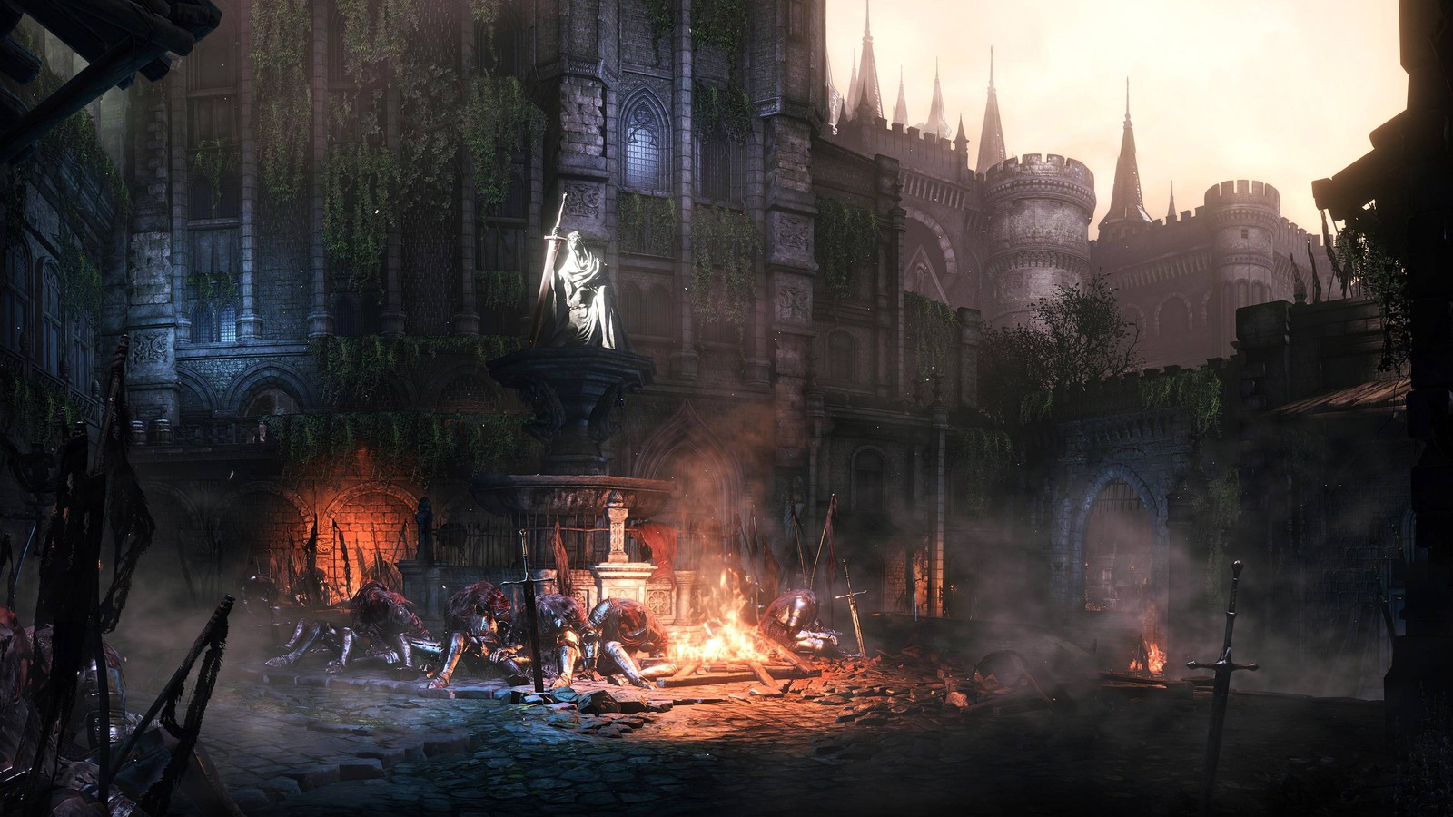 Arafed image of a city with a clock tower and a fire (dark souls iii, dark souls ii, pc game, fire, darkness)