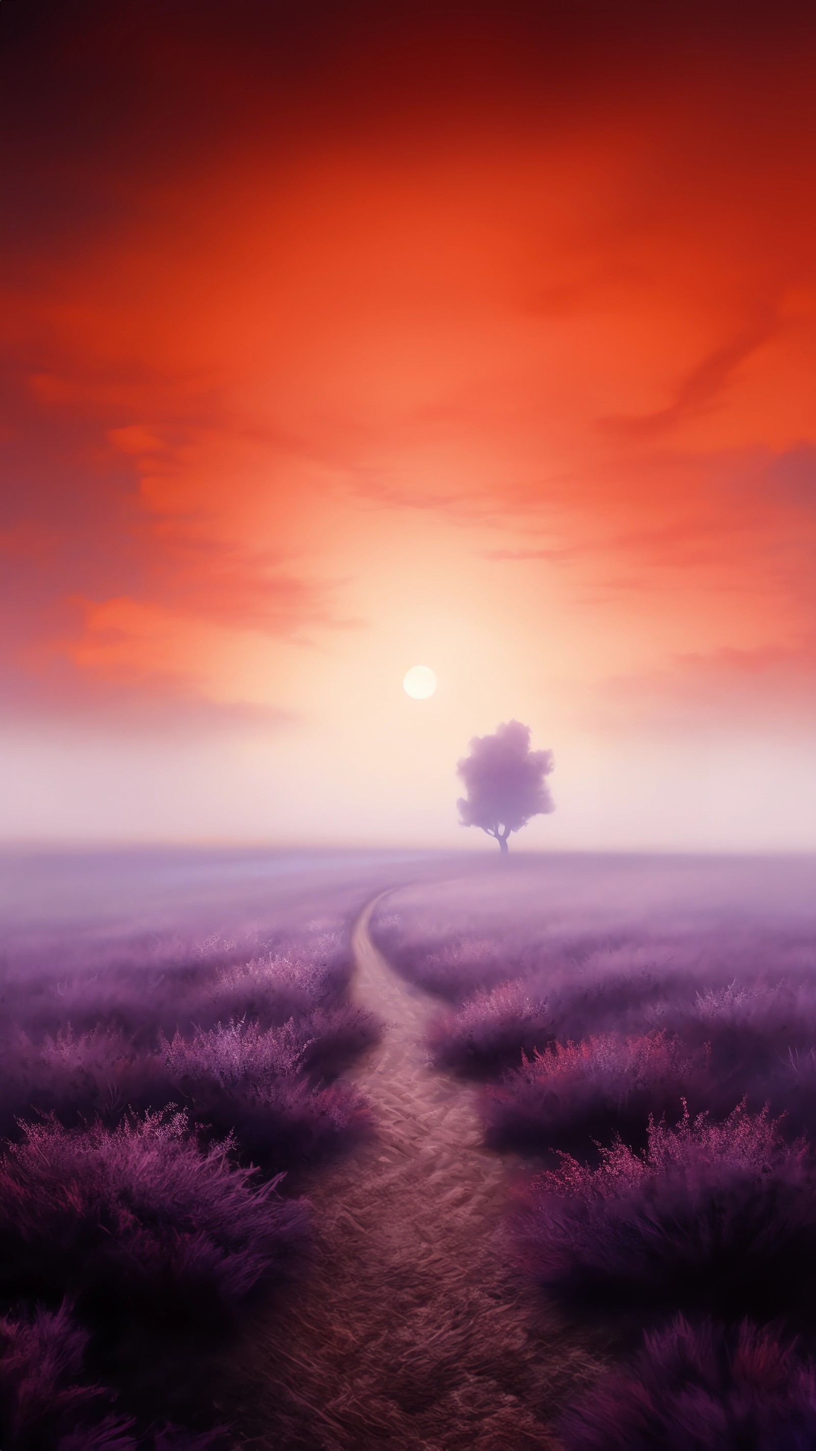 Paysage violet avec un arbre solitaire et un chemin menant à un coucher de soleil (nuage, atmosphère, écorégion, plante, paysage naturel)