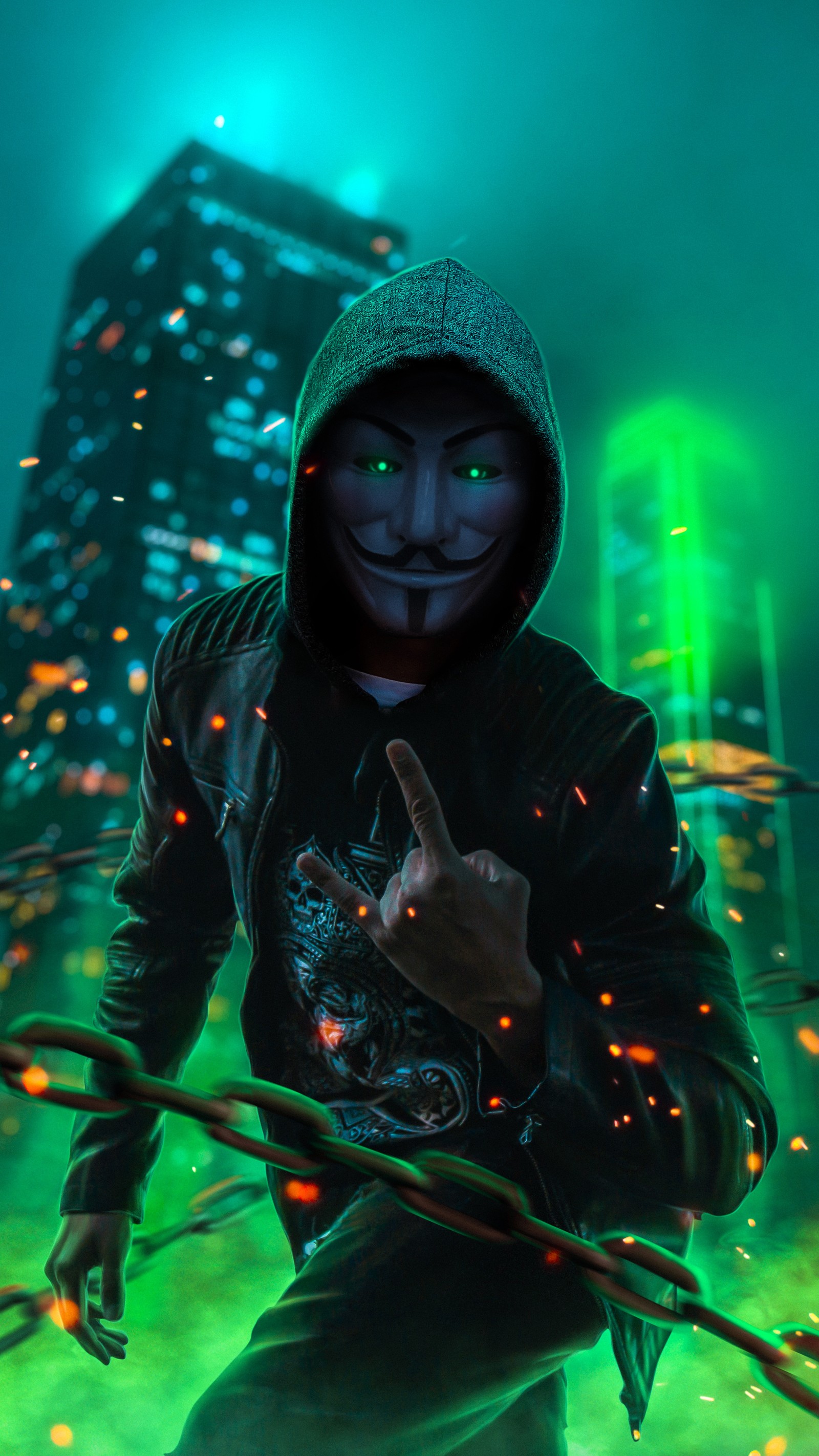 Arafed guy in a hoodie with a green hoodie and a neon city in the (guy fawkes mask, mask, halloween costume, smile, green)