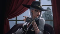 Ashe, the cunning leader of the Deadlock Gang, exudes confidence and mystery in a rain-soaked setting.