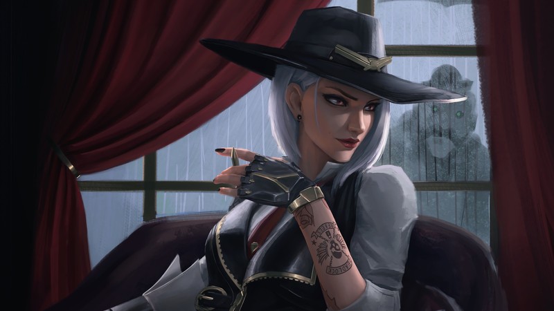 Женщина в шляпе и перчатках, сидящая на диване (ashe, overwatch, видеоигра)