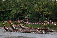 Course de bateaux traditionnelle à Alappuzha le long d'une rive luxuriante, mettant en valeur la culture vibrante et le transport fluvial.