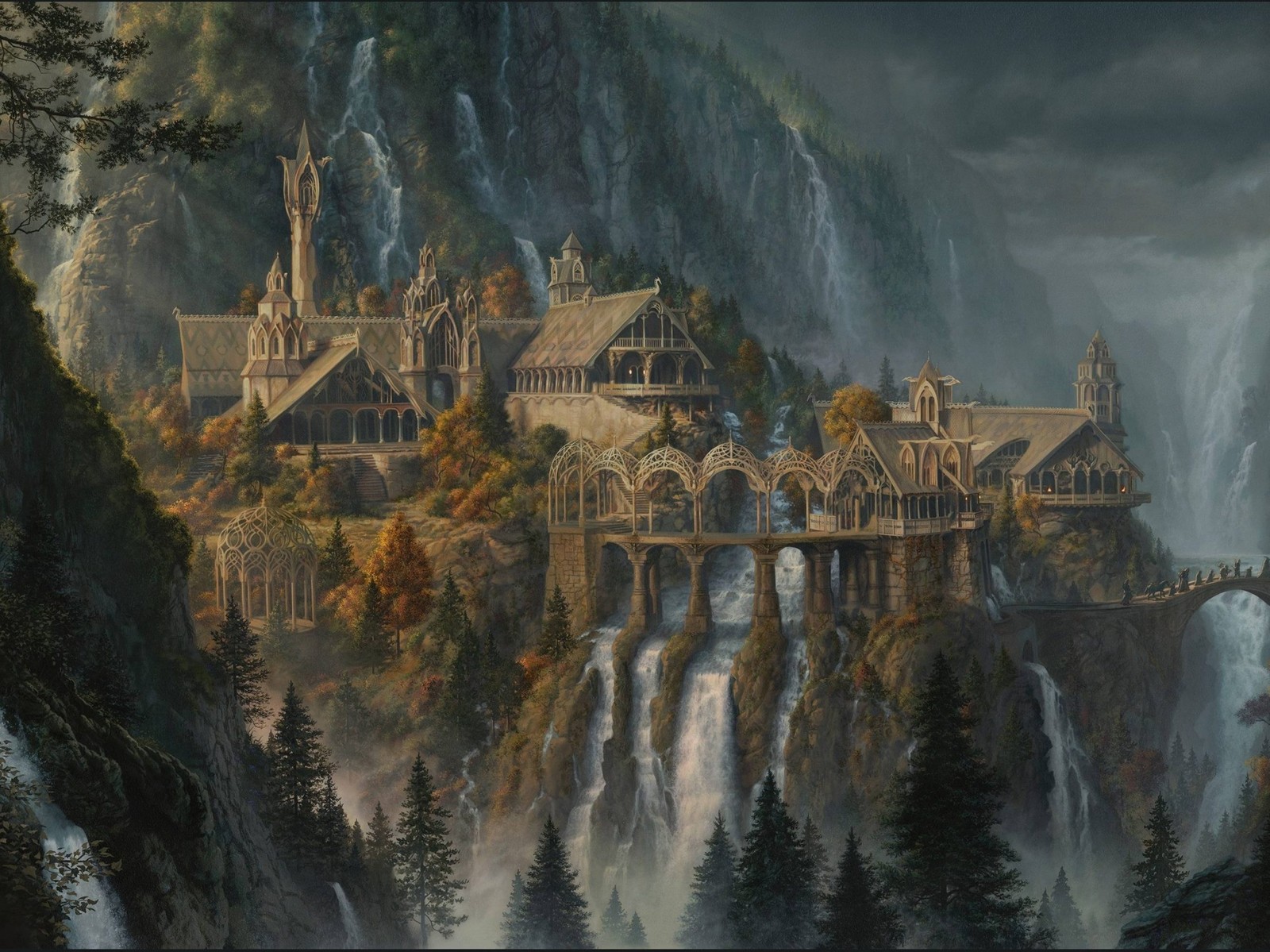 Une peinture d'un château sur une montagne avec une cascade (le hobbit, le seigneur des anneaux, the lord of the rings, rivendell, art)