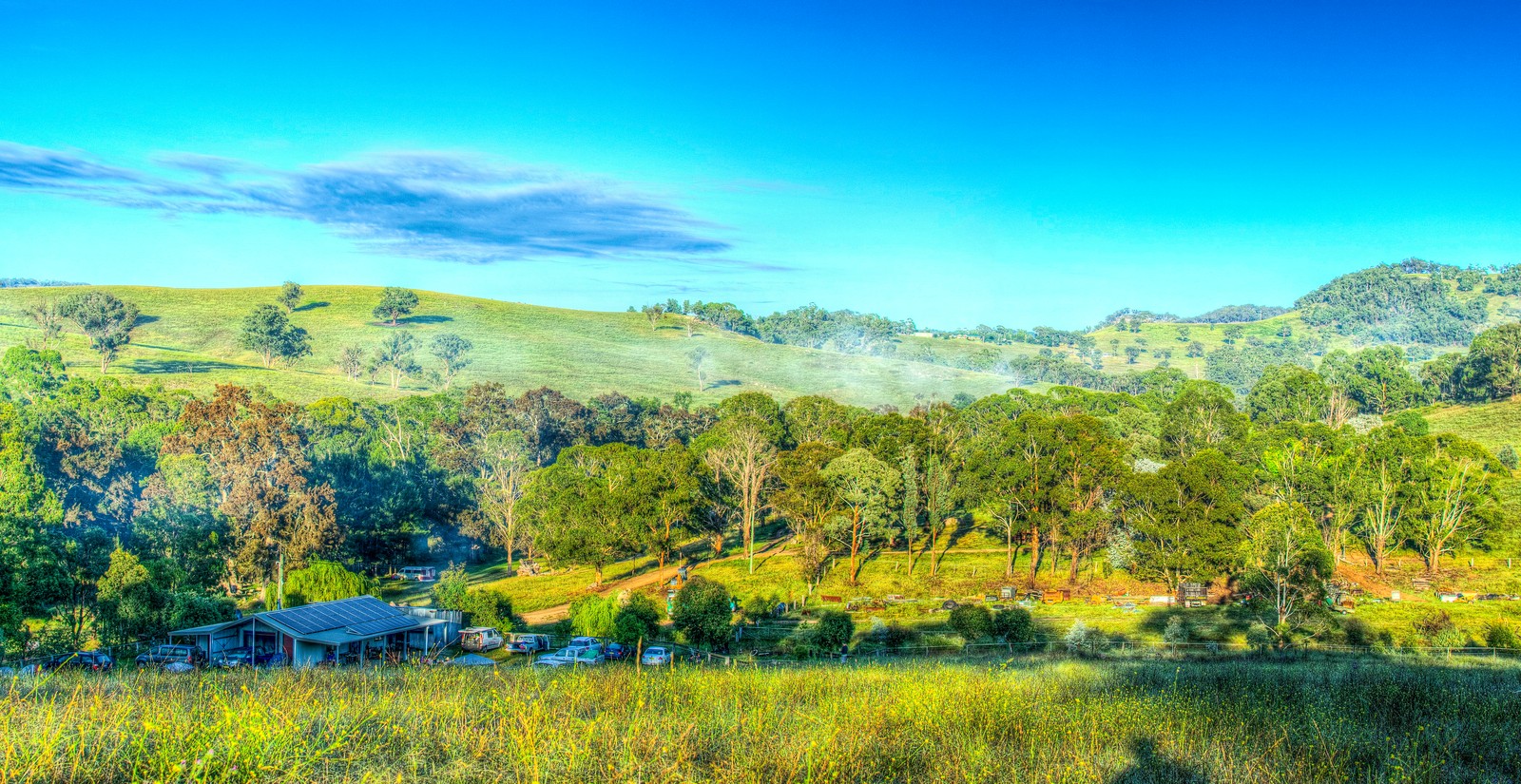 Uma vista de um campo com uma casa e algumas árvores (reserva natural, natureza, vegetação, terras altas, pradaria)