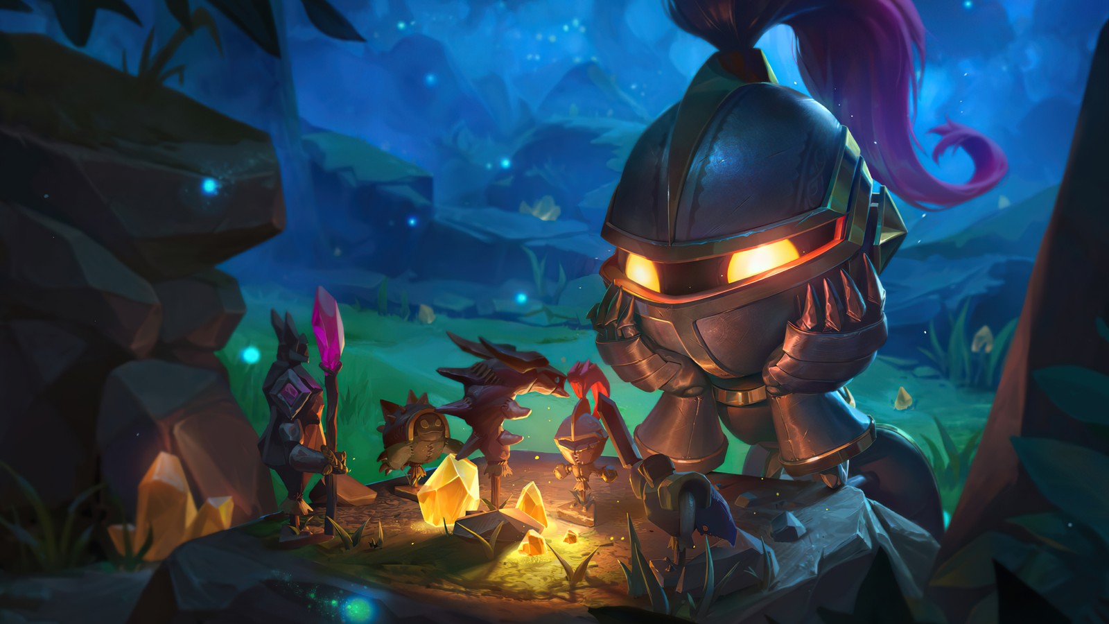 Una captura de pantalla de un caballero con un casco y otros personajes (lol wild rift, league of legends wild rift, videojuego, lol, league of legends)