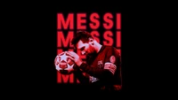 Lionel Messi em um design vermelho e preto marcante, mostrando seu profundo foco enquanto segura uma bola de futebol, simbolizando seu legado no FC Barcelona e no futebol argentino.