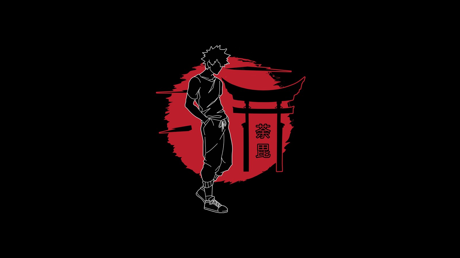 Anime, a man standing in front of a red gate (dabi, black background, my hero academia, amoled, minimalist)