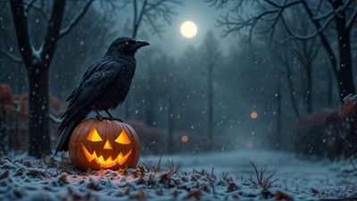 Noche de Halloween embrujada: Un cuervo posado sobre una calabaza con cara en medio de la nevada