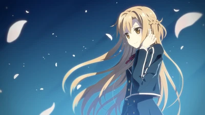 Asuna in a serene space backdrop, surrounded by floating petals, showcasing her long hair and contemplative expression.