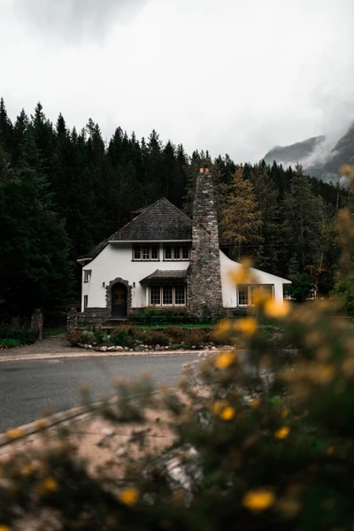 Charming cottage nestled in a highland wilderness, framed by towering trees and mountains under a cloudy sky.