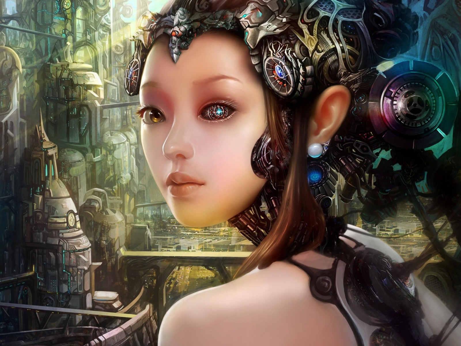 Um close-up de uma mulher com um adereço na cabeça em um cenário de fantasia. (cyborg, robô, cidade, cabelos castanhos, menina)