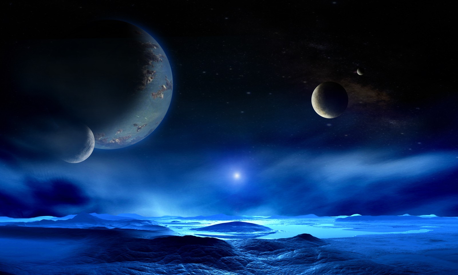 A view of a planet with two moonss in the sky (planet, outer space, atmosphere, astronomical object, universe)