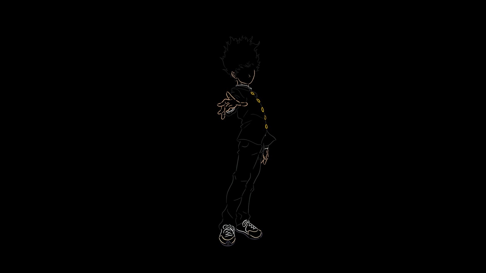 Anime, un hombre con camisa y pantalón negro, de pie en la oscuridad (shigeo kageyama, amoled, mob psycho 100, fondo negro, minimalista)