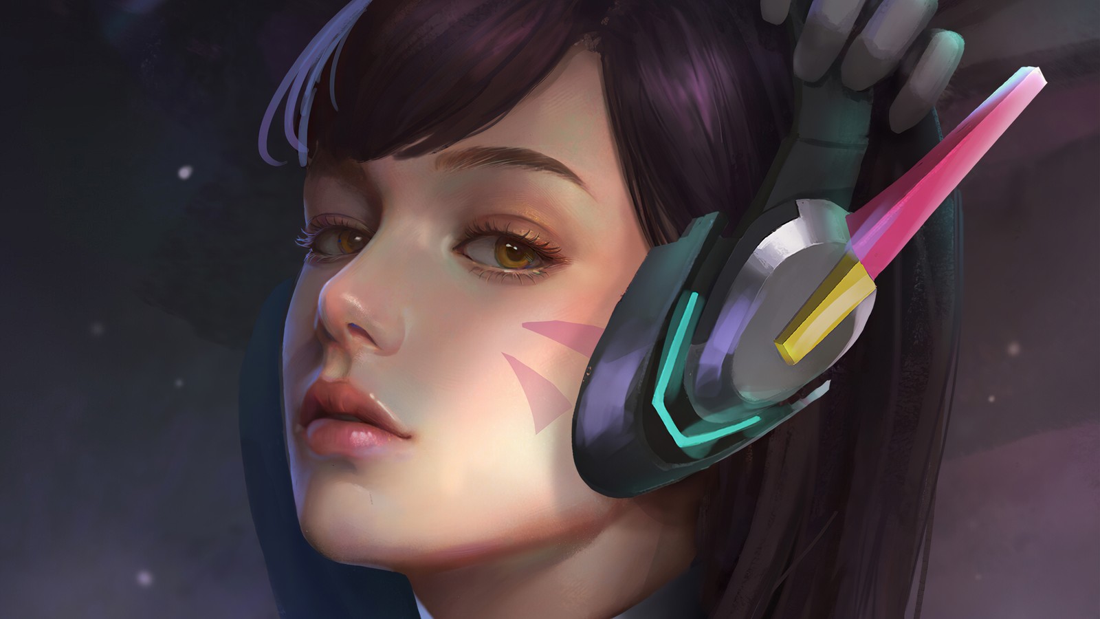 A close up of a woman with headphones on her head (dva, overwatch, video game)