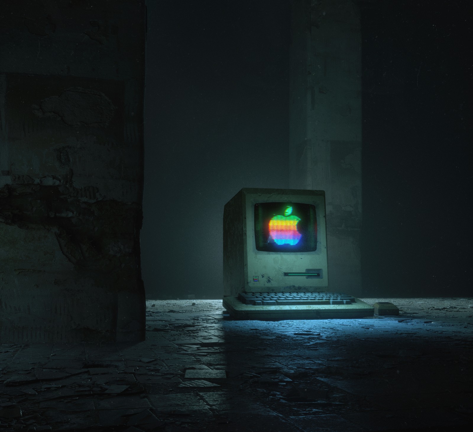 There is a computer sitting on a table in a dark room (apple computer, apple logo, retro, dark, graphics cgi)