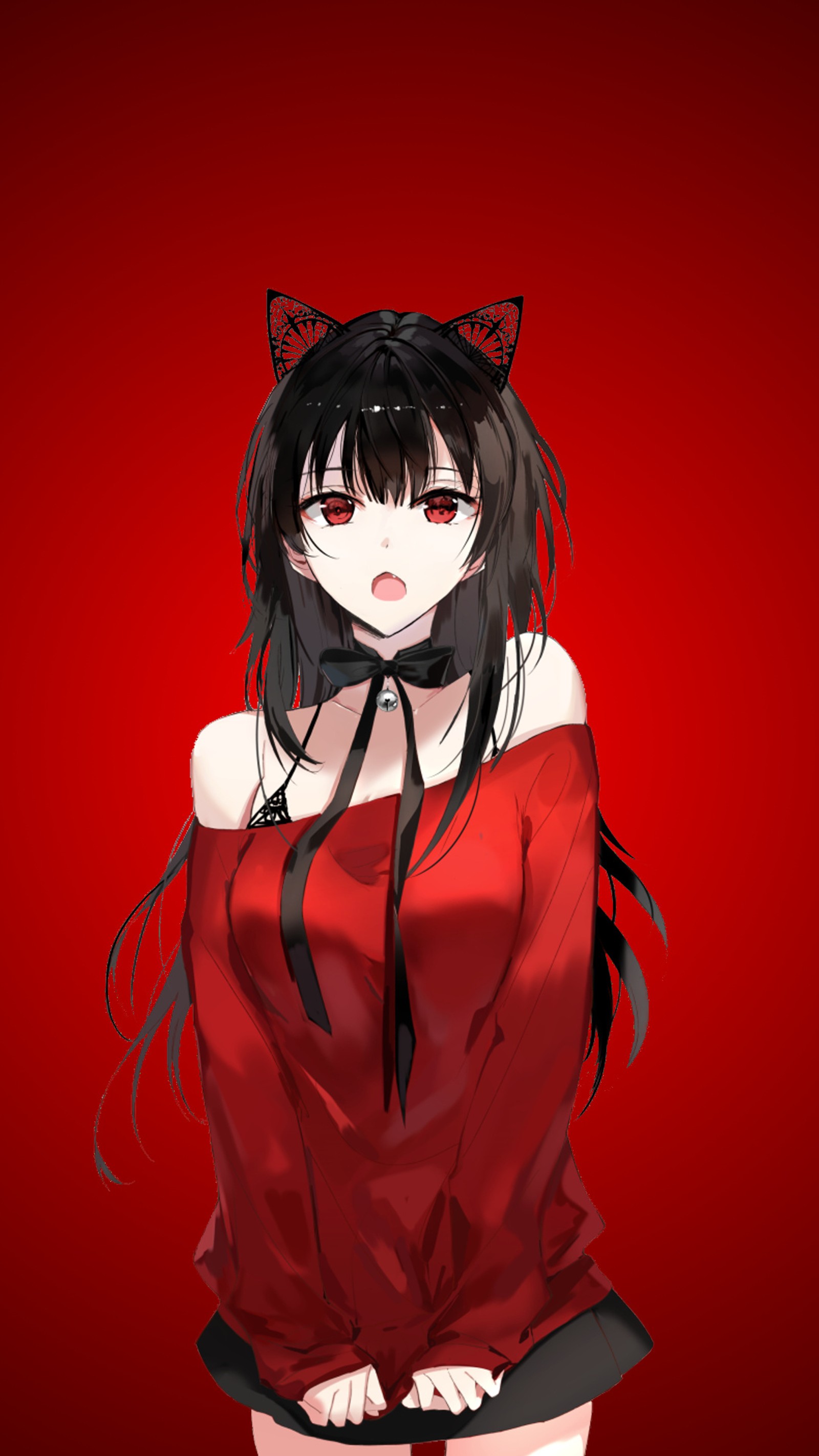 Chica de anime con vestido rojo y orejas de gato negras con fondo rojo (anime, chica gato, niña, kawaii)