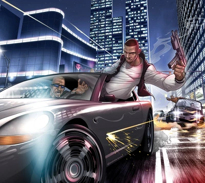 Intense car chase scene in a vibrant city, featuring characters engaged in a dramatic confrontation.