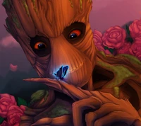 Groot o Guardião interagindo com uma borboleta entre rosas no Planeta X