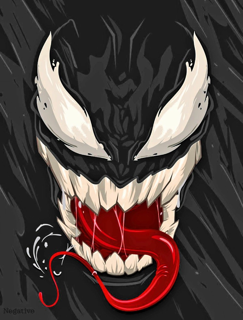 Лицо яда с красным языком и клыками на черном фоне (venom wallpaper)