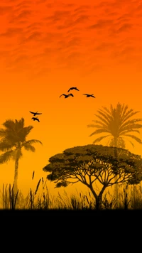 Coucher de soleil sur le paysage africain avec des oiseaux et des arbres en silhouette