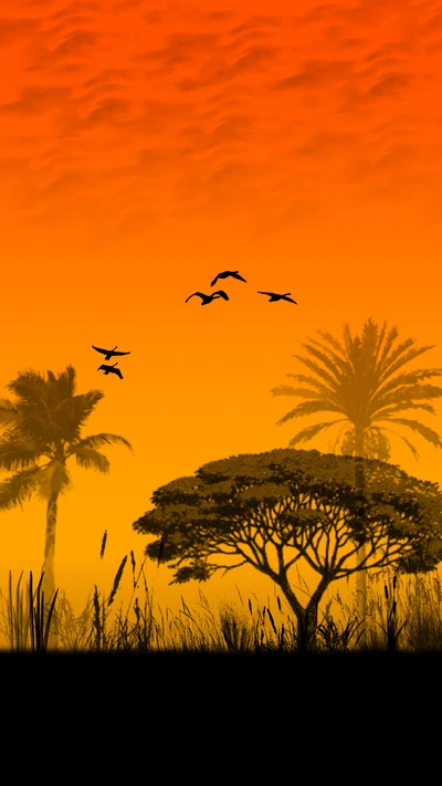 Evening Sunset Over African Landscape with Birds and Silhouetted Trees