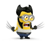 Un personnage de Minion ludique stylisé comme Wolverine, avec des griffes et une coiffure distinctive.