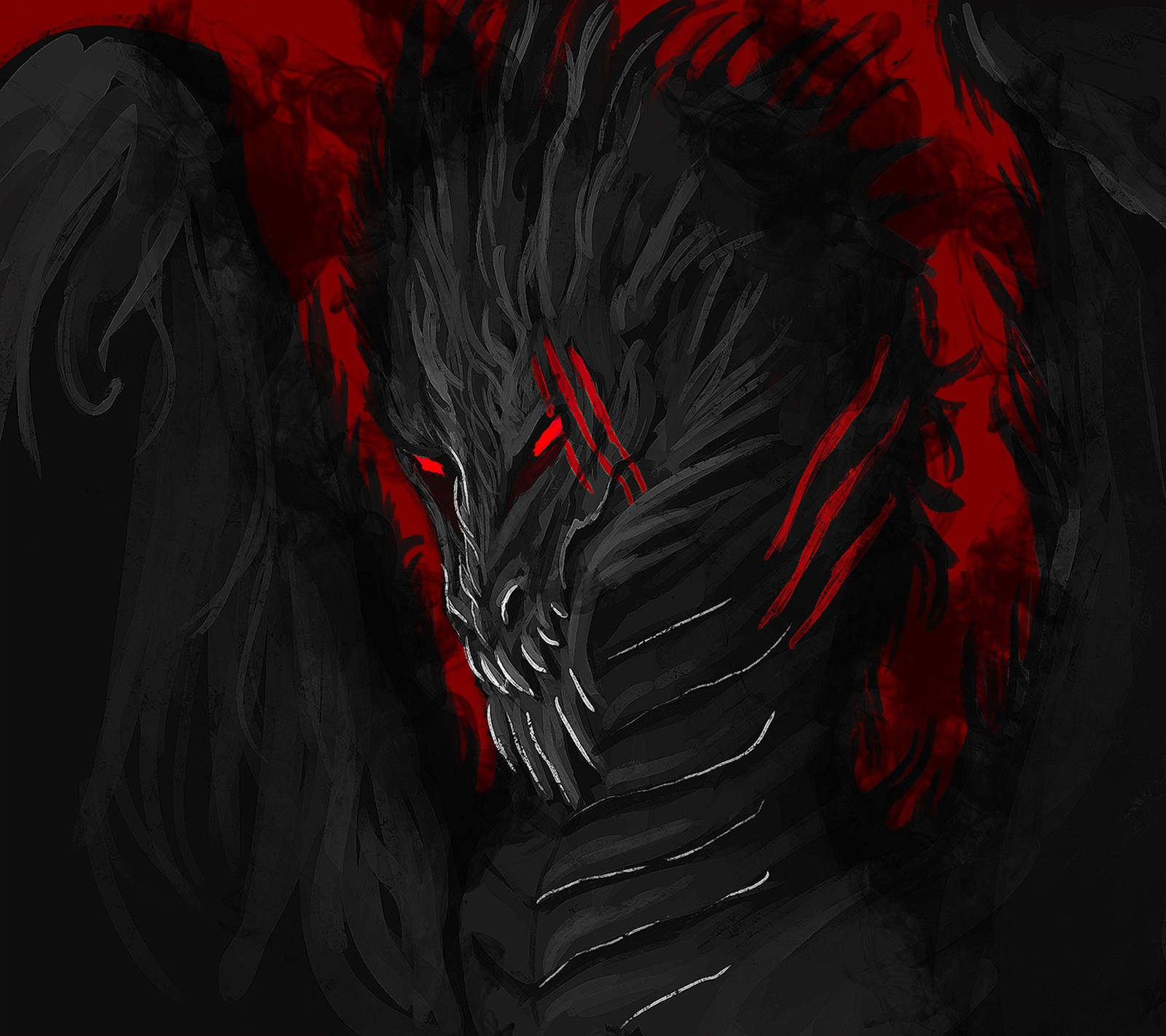 A close up of a demonic looking creature with red eyes (black, dark, dragon, drake, evil)