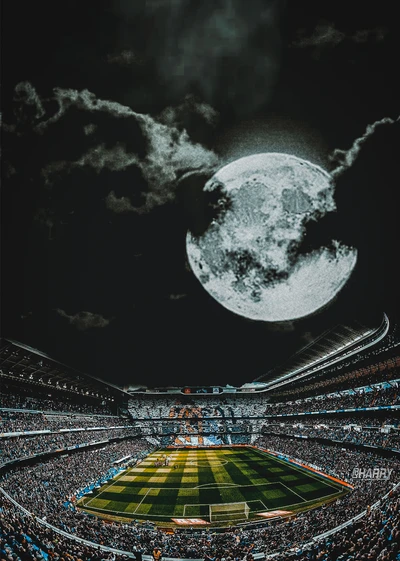 Partida noturna no Estádio Santiago Bernabéu sob uma lua cheia