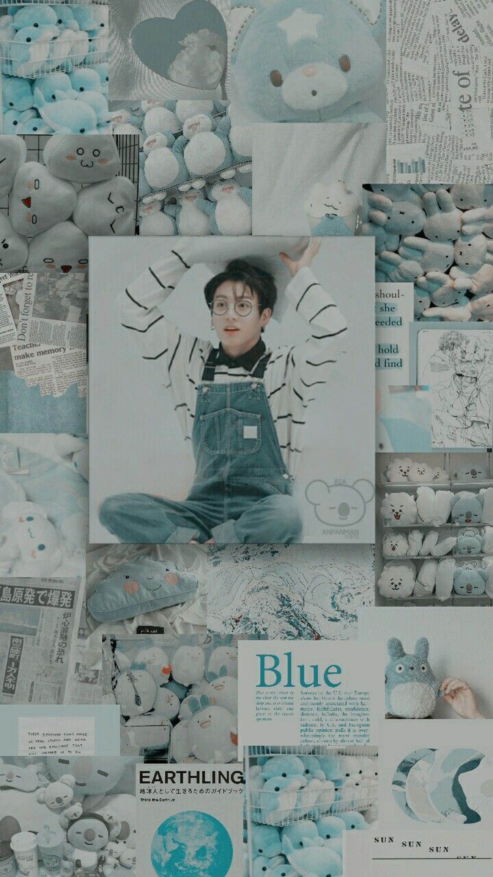 A close up of a collage of blue and white images (aesthetic, blue, bts, collage, jungkook)