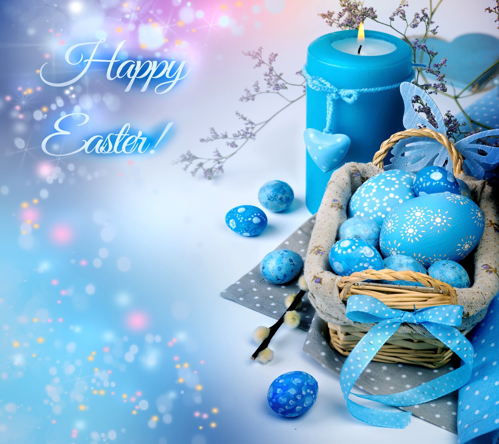 A close up of a basket with blue eggs and a candle (basket, blue, candle, easter, eggs)