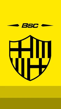 Fett schwarzes und gelbes Logo von BSC mit geometrischen Mustern