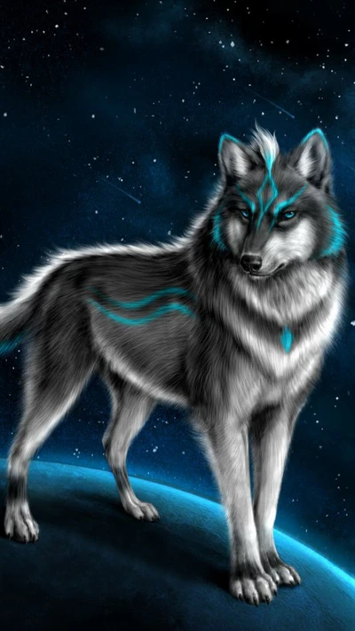 animal, azul, fantasía, estrellas, lobo