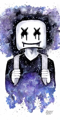 A figure with a marshmallow-shaped head and dark eyes stands against a vibrant galaxy background, exuding an enigmatic aura.