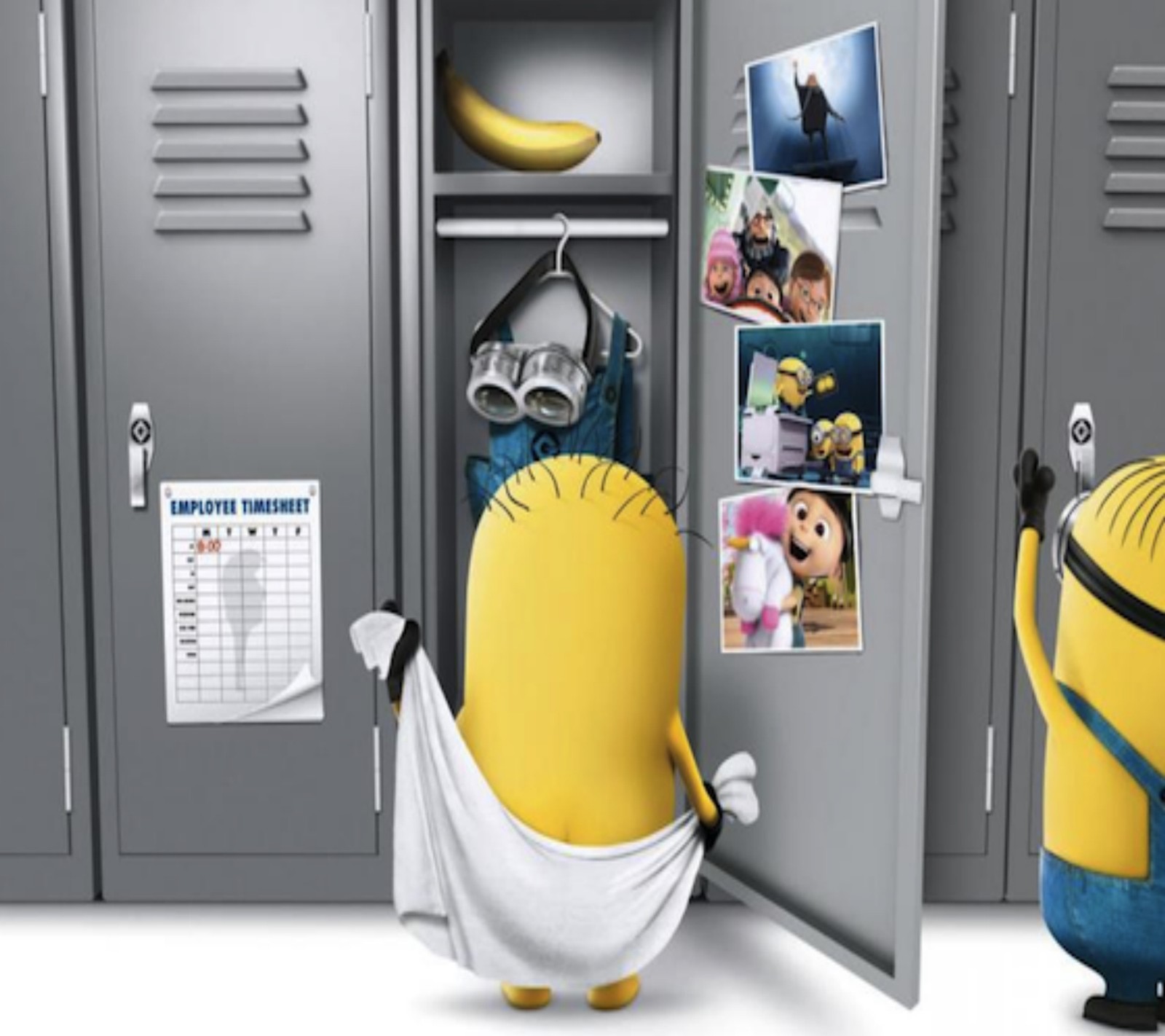 Los minions están frente a un casillero con fotos en él (comedia, genial, lindo, despreciable, hd)