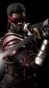 A fierce warrior in traditional armor, wielding a sword, shrouded in shadows with a blindfold.