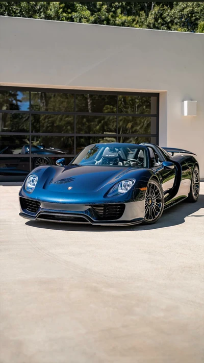 Porsche 918 Spyder: Ein atemberaubender blauer Hypercar in einer eleganten Umgebung