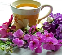 beau, tasse à café, fleurs, bon, bonjour