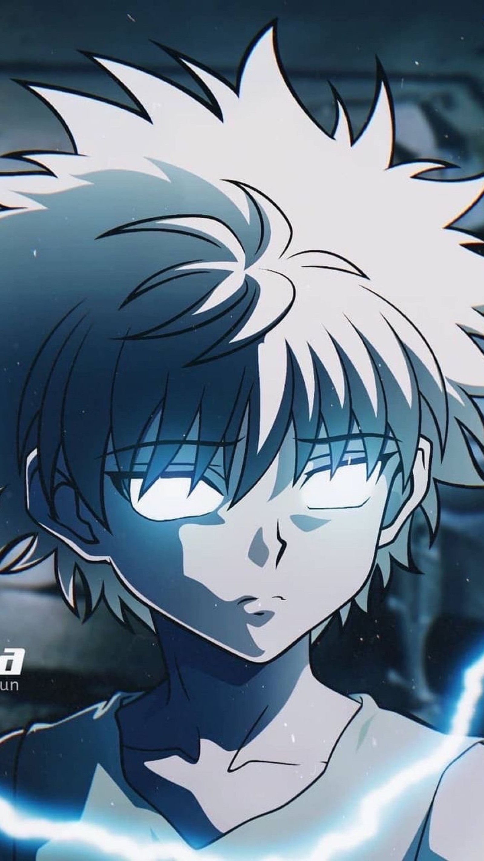 Anime boy with white hair and blue eyes staring at something (hunter x hunter, hxh, killua, killua zoldyck)