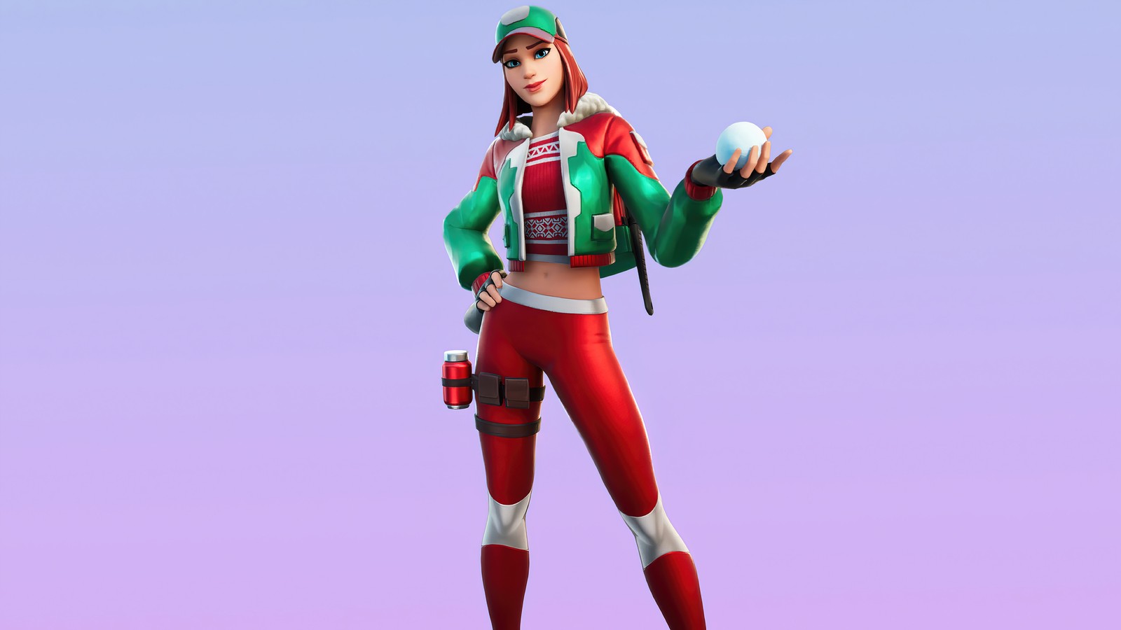 A close up of a person in a red outfit holding a baseball (fortnite, battle royale, video game, holly striker, skin)