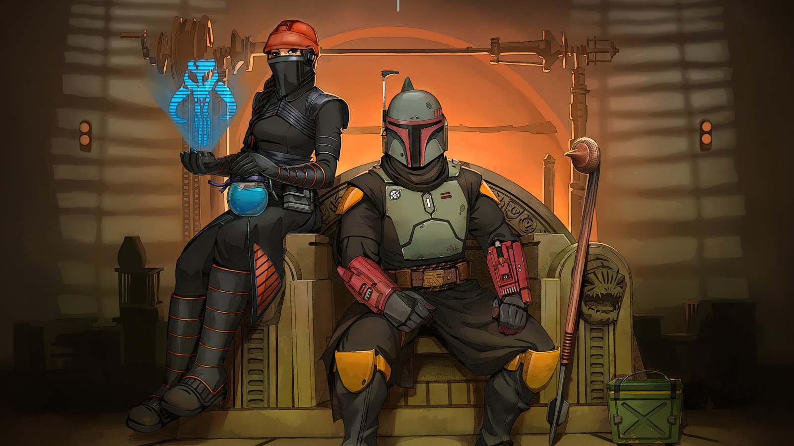 Two people in costumes sit on a bench with a sword (the book of, disney, tv series, boba fett, star wars)