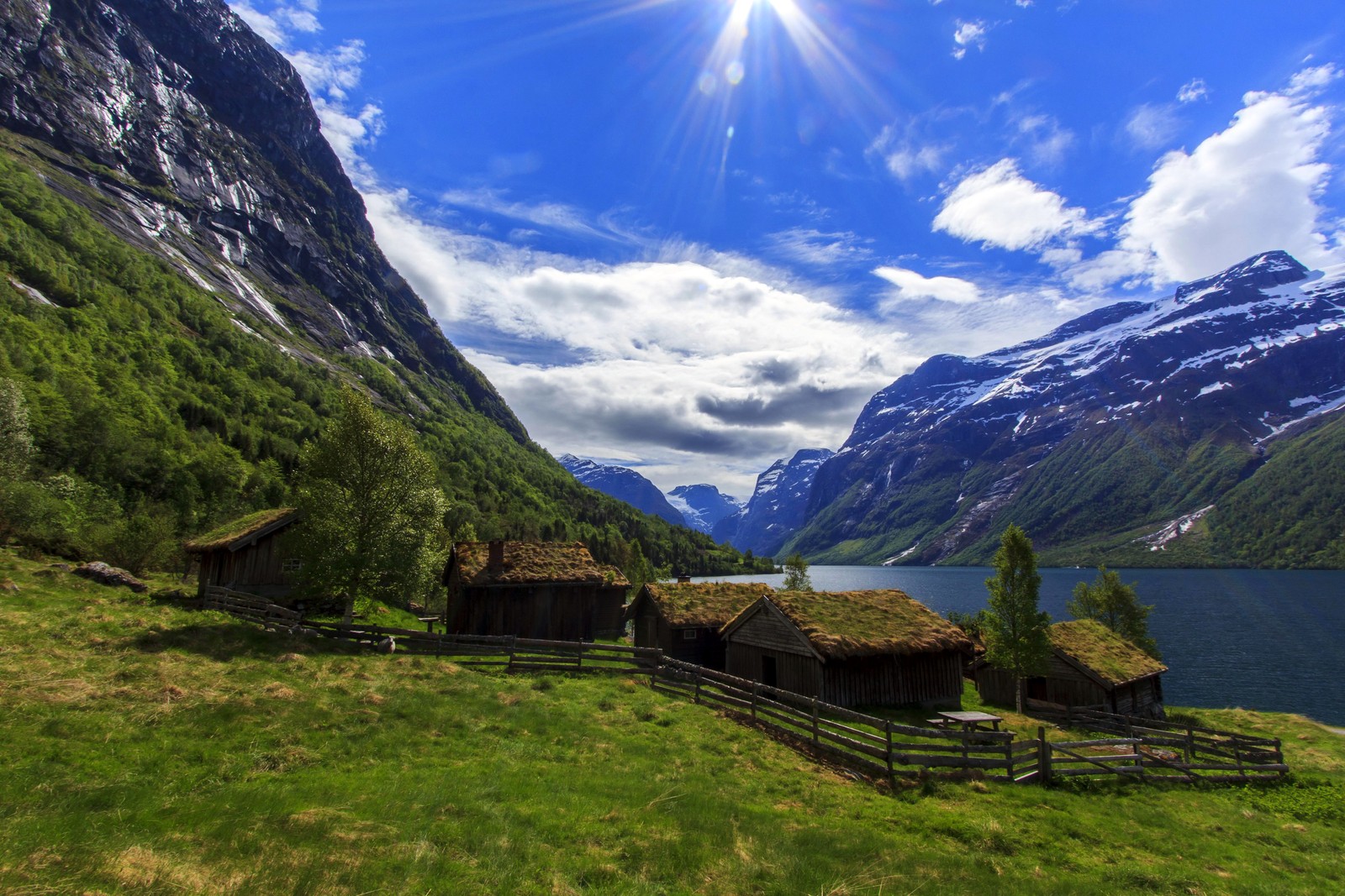 Uma vista de uma cadeia de montanhas com um lago e algumas cabanas (noruega, fiorde, formas montanhosas, montanha, terras altas)